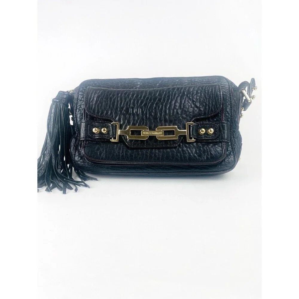 Rebecca Minkoff Black  Leather Tassle Crossbody Shoulder Bag Gold Toned Hardware